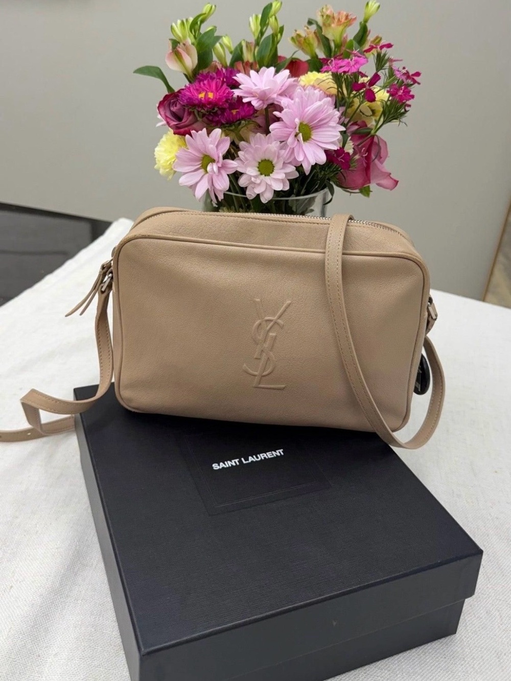 Saint Laurent YSL Lou Camera Crossbody Bag in Beige- Gorgeous Pebbled Leather